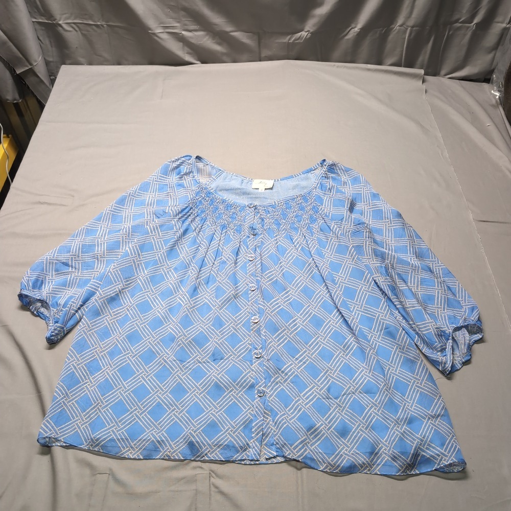 Milly of New York Blue White Rope Lattice Silk Smocked Button‎ Blouse Size 8